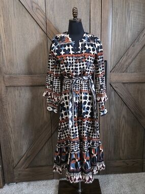Cleobella Black Cream and Orange Geometric Tie-Waist Maxi Dress
